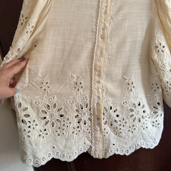 Cream Linen Blend Eyelet Blouson Shirt Scalloped Hem, lace trim | Medium - Picture 3 of 8